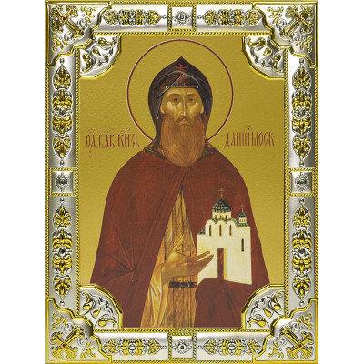 Икона освященная "Даниил Московский", дерево, серебро 925 пробы, 18x24 см, со стразами фото
