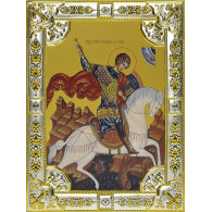 Икона освященная "Георгий Победоносец", дерево, серебро 925 пробы, 18x24 см, со стразами фото