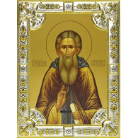 Икона освященная "Сергий Радонежский", дерево, серебро 925 пробы, 18x24 см, со стразами фото