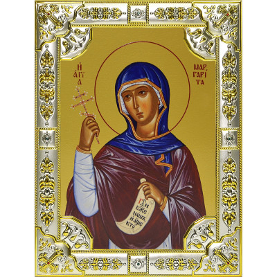 Икона освященная "Маргарита Антиохийская", дерево, серебро 925 пробы, 18x24 см, со стразами фото