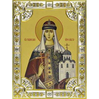 Икона освященная "Ольга равноапостольная великая княгиня", дерево, серебро 925, 18x24 см, со стразами фото
