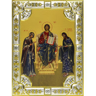 Икона освященная "Спас на Престоле (Деисус)", дерево, серебро 925 пробы, 18x24 см, со стразами фото