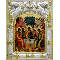 Икона освященная "Троица", дерево, серебро 925 пробы, 14x18 см фото