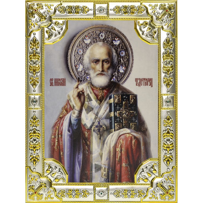 Икона освященная "Николай Чудотворец", дерево, серебро 925 пробы, 18x24 см, со стразами фото