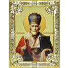 Икона освященная "Николай Чудотворец", дерево, серебро 925 пробы, 18x24 см, со стразами