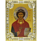 Икона освященная "Пантелеймон великомученик и целитель", дерево, серебро 925 пробы, 18x24 см, со стразами