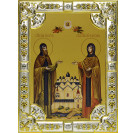 Икона освященная "Петр и Феврония благоверные кнн.", дерево, серебро 925 пробы, 18x24 см, со стразами