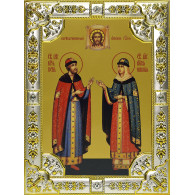 Икона освященная "Петр и Феврония благоверные кнн.", дерево, серебро 925, 18x24 см, со стразами фото