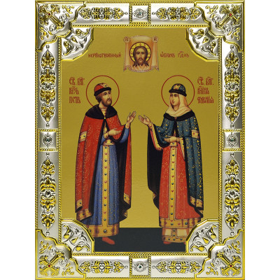 Икона освященная "Петр и Феврония благоверные кнн.", дерево, серебро 925, 18x24 см, со стразами фото