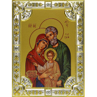 Икона освященная "Святая семья", дерево, серебро 925 пробы, 18x24 см, со стразами фото