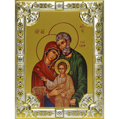 Икона освященная "Святая семья", дерево, серебро 925 пробы, 18x24 см, со стразами фото