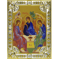 Икона освященная "Троица", дерево, серебро 925 пробы, 18x24 см, со стразами фото