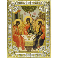 Икона освященная "Троица", дерево, серебро 925 пробы, 18x24 см, со стразами фото