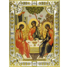 Икона освященная "Троица", дерево, серебро 925 пробы, 18x24 см, со стразами