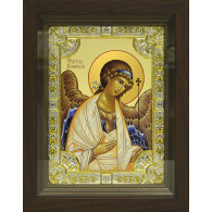 Икона освященная "Ангел Хранитель", дерево, серебро 925 пробы, 18x24 см, со стразами, в деревянном киоте 24x30 см фото