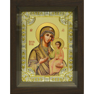 Икона освященная "Иверская икона Божией Матери" из серебра 925 пробы, 18x24 см, со стразами, в деревянном киоте 24x30 см фото