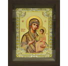 Икона освященная "Иверская икона Божией Матери" из серебра 925 пробы, 18x24 см, со стразами, в деревянном киоте 24x30 см