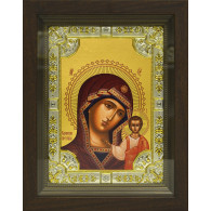 Икона освященная "Казанская икона Божией Матери", дерево, серебро 925 пробы, 18x24 см, со стразами, в деревянном киоте 24х30 см фото