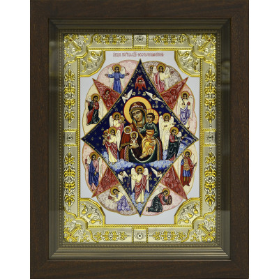Икона освященная "Божья Матерь Неопалимая Купина", дерево, серебро 925 пробы,18x24 см, со стразами, в деревянном киоте 24x30 см фото