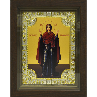 Икона освященная "Божья Матерь Нерушимая Стена" из серебра 925 пробы, 18x24 см, со стразами, в деревянном киоте 24x30 см фото