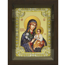 Икона освященная "Богородица Неувядаемый Цвет", дерево, серебро 925 пробы, 18x24 см, со стразами, в деревянном киоте 24x30 см