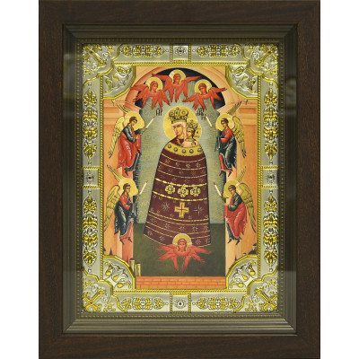 Икона освященная "Богородица Прибавление Ума", дерево, серебро 925 пробы, 18x24 см, со стразами, в деревянном киоте 24х30 см фото