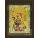 Икона освященная "Страстная икона Божией Матери", дерево, серебро 925 пробы, 18x24 см, со стразами, в деревянном киоте 24x30 см