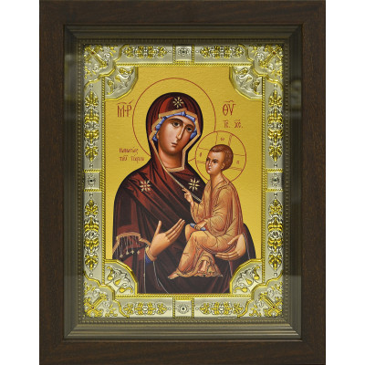 Икона освященная "Тихвинская икона Божией Матери", дерево, серебро 925 пробы, 18x24 см, со стразами, в деревянном киоте 24x30 см фото