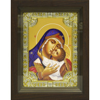 Икона освященная "Умиление икона Божией Матери", дерево, серебро 925 пробы, стразы, 18x24 см, в деревянном киоте 24х30 см фото