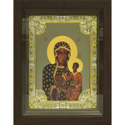 Икона освященная "Божья Матерь Ченстоховская", дерево, серебро 925 пробы, 18x24 см, со стразами, в деревянном киоте 24x30 см фото