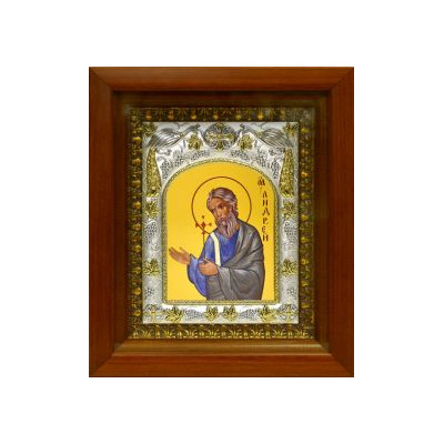 Икона освященная "Андрей Первозванный", дерево, серебро 925 пробы, 14x18 см, в деревянном киоте 20х24 см фото