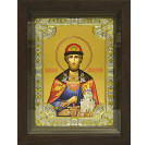Икона освященная "Димитрий Донской благоверый князь" из серебра 925 пробы, 18x24 см, со стразами, в деревянном киоте 24x30 см