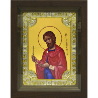 Икона освященная "Евгений Севастийский, мученик", дерево, серебро 925, 18x24 см, со стразами, в деревянном киоте 24x30 см фото