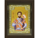 Икона освященная "Феодор Тирон (Федор)", дерево, серебро 925 пробы, 18x24 см, со стразами, в деревянном киоте 24x30 см
