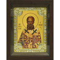 Икона освященная "Григорий Богослов святитель", дерево, серебро 925, 18x24 см, со стразами, в деревянном киоте 24x30 см фото