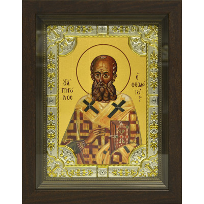 Икона освященная "Григорий Богослов святитель", дерево, серебро 925, 18x24 см, со стразами, в деревянном киоте 24x30 см фото