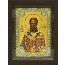 Икона освященная "Григорий Богослов святитель", дерево, серебро 925, 18x24 см, со стразами, в деревянном киоте 24x30 см