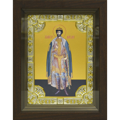 Икона освященная "Димитрий Донской благоверый князь" из серебра 925 пробы, 18x24 см, со стразами, в деревянном киоте 24x30 см фото