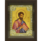 Икона освященная "Марк Апостол", дерево, серебро 925 пробы, 18x24 см, со стразами, в деревянном киоте 24x30 см
