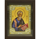 Икона освященная "Матвей (Матфей) Апостол", дерево, серебро 925 пробы, 18x24 см, со стразами, в деревянном киоте 24x30 см