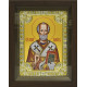 Икона освященная "Николай Чудотворец", дерево, серебро 925, 18x24 см, со стразами, в деревянном киоте 24x30 см