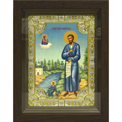 Икона освященная "Симеон (Семен) Верхотурский прав." из серебра 925 пробы, 18x24 см, со стразами, в деревянном киоте 24x30 см фото