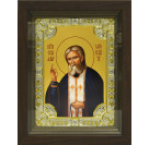 Икона освященная "прп. Серафим Саровский, чудотворец" из серебра 925 пробы, 18x24 см, со стразами, в деревянном киоте 24x30 см
