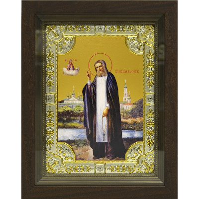 Икона освященная "прп. Серафим Саровский, чудотворец" из серебра 925 пробы, 18x24 см, со стразами, в деревянном киоте 24x30 см фото
