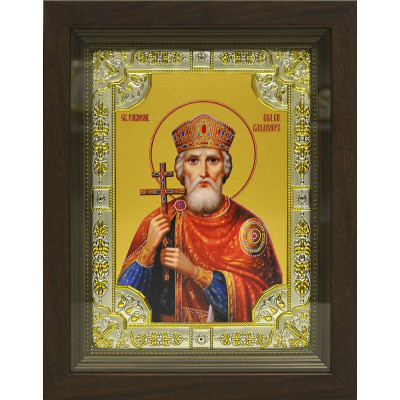 Икона освященная "Владимир Великий", дерево, серебро 925 пробы, 18x24 см, со стразами, в деревянном киоте 24x30 см фото
