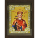 Икона освященная "Владимир Великий", дерево, серебро 925 пробы, 18x24 см, со стразами, в деревянном киоте 24x30 см