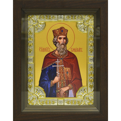 Икона освященная "Владимир равноап. великий князь" из серебра 925 пробы, 18x24 см, со стразами, в деревянном киоте 24x30 см фото