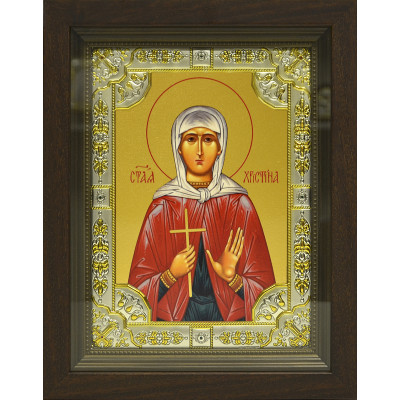 Икона освященная "Кристина (Христина) мученица", дерево, серебро 925 пробы, 18x24 см, со стразами, в деревянном киоте 24x30 см фото