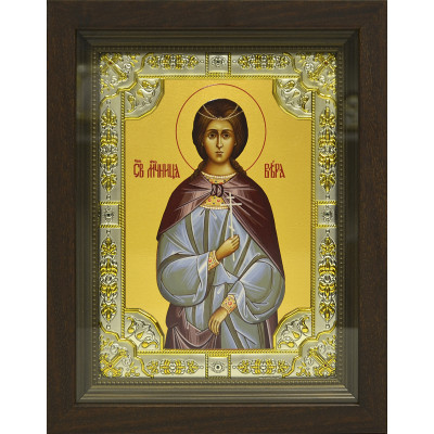 Икона освященная "Вера Римская мученица", дерево, серебро 925 пробы, 18x24 см, со стразами, в деревянном киоте 24x30 см фото