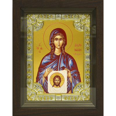 Икона освященная "Св. мученица Вероника", дерево, серебро 925, 18x24 см, со стразами, в деревянном киоте 24x30 см фото
